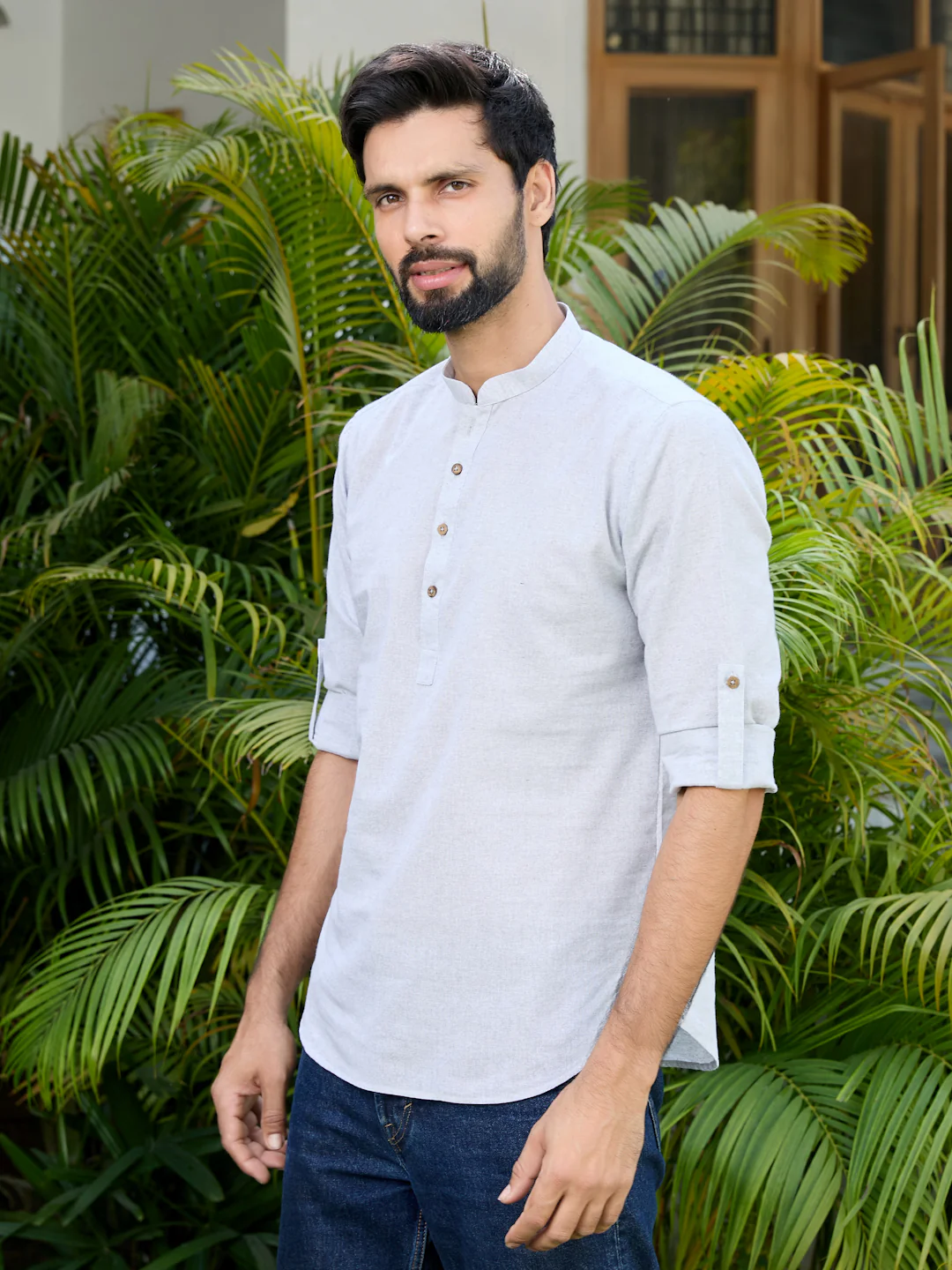 Men Gray Pure Cotton Short Kurta - Image 8