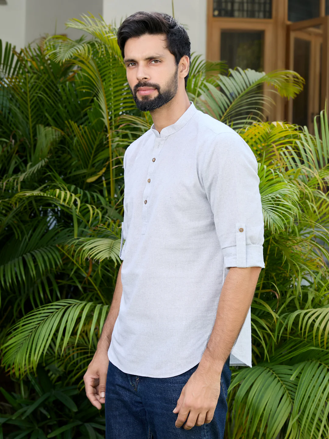 Men Gray Pure Cotton Short Kurta - Image 9