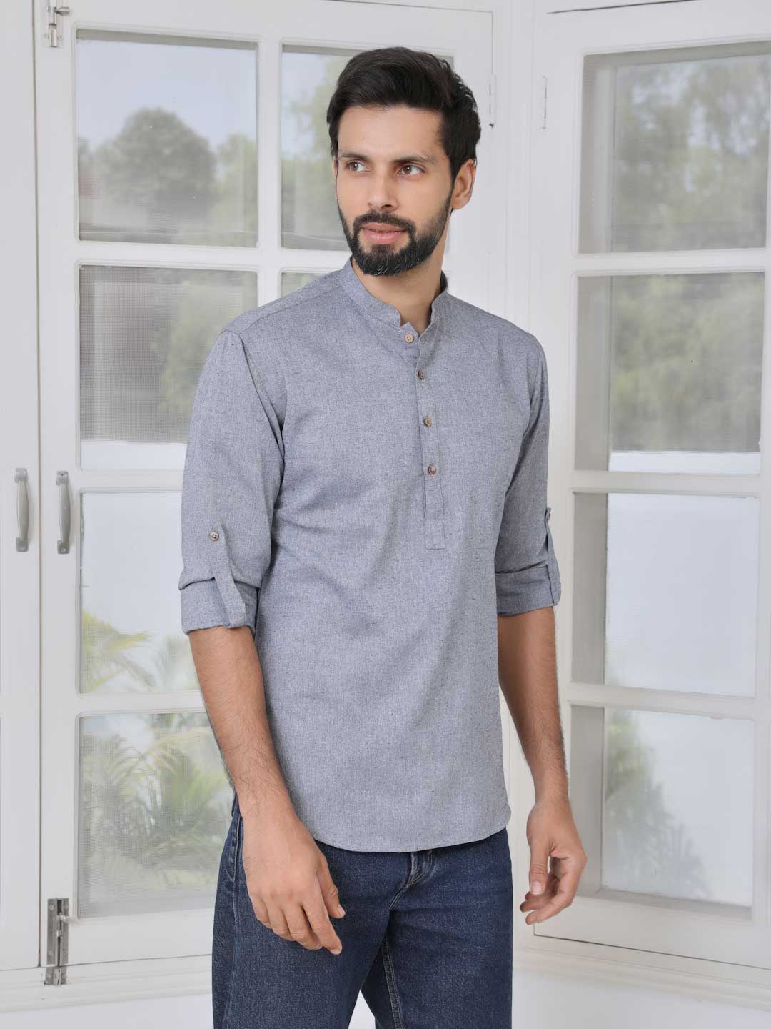 Men Grey Cotton Short Kurta - Image 2
