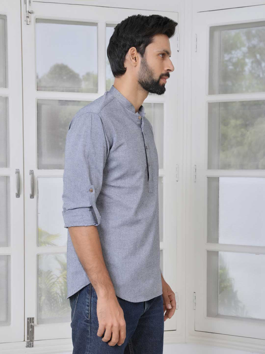 Men Grey Cotton Short Kurta - Image 3