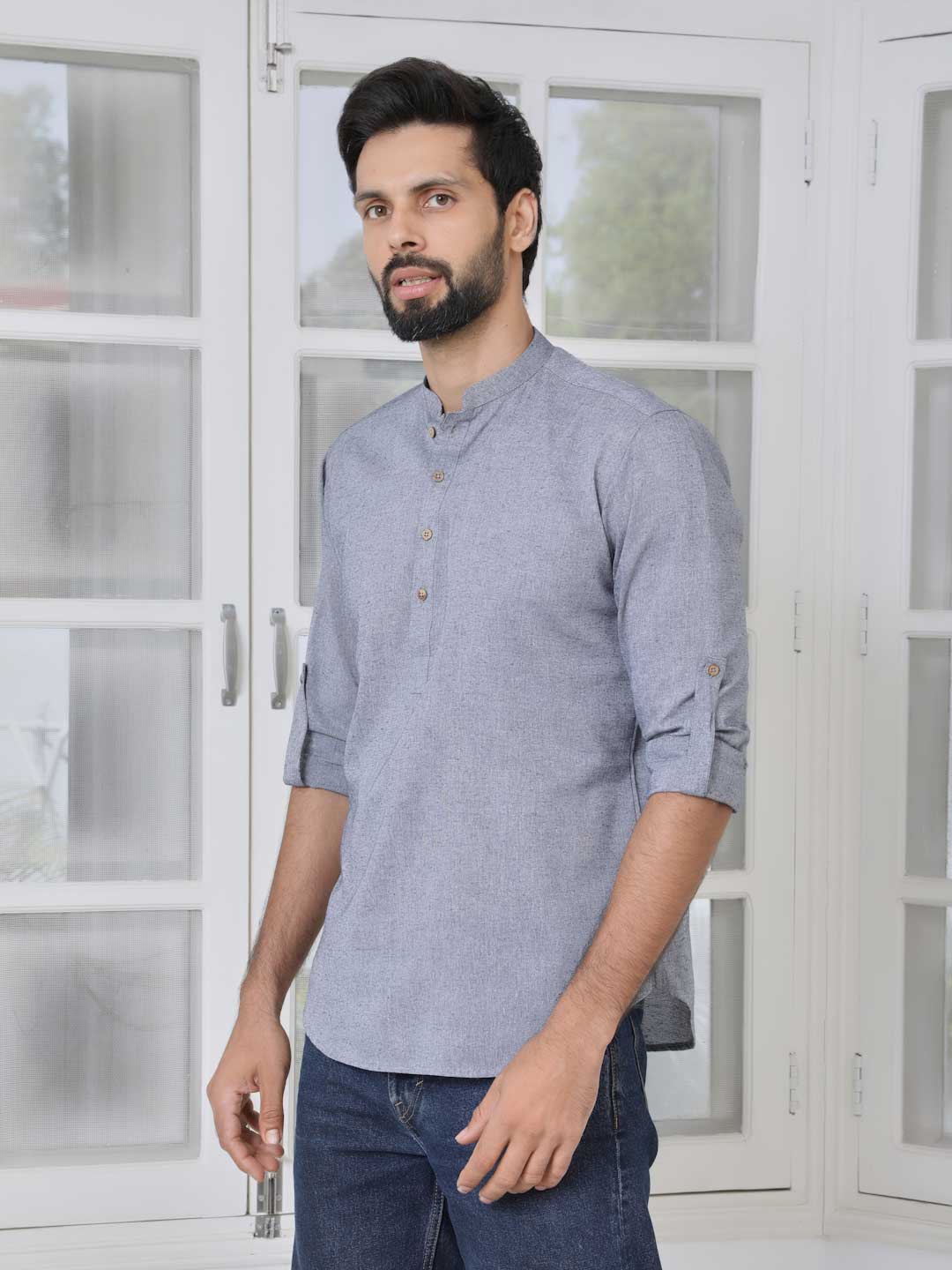 Men Grey Cotton Short Kurta - Image 5