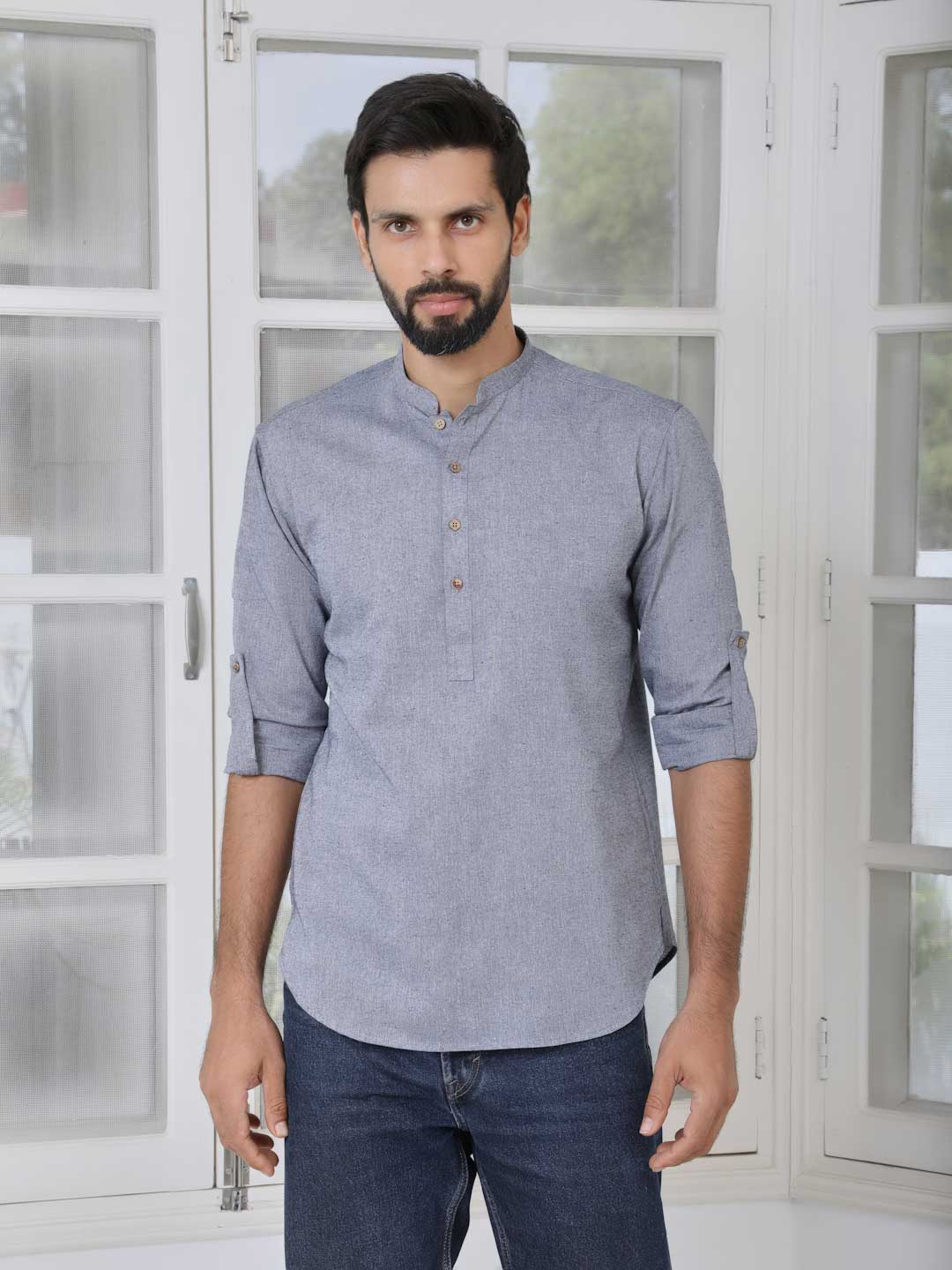 Men Grey Cotton Short Kurta - Image 7