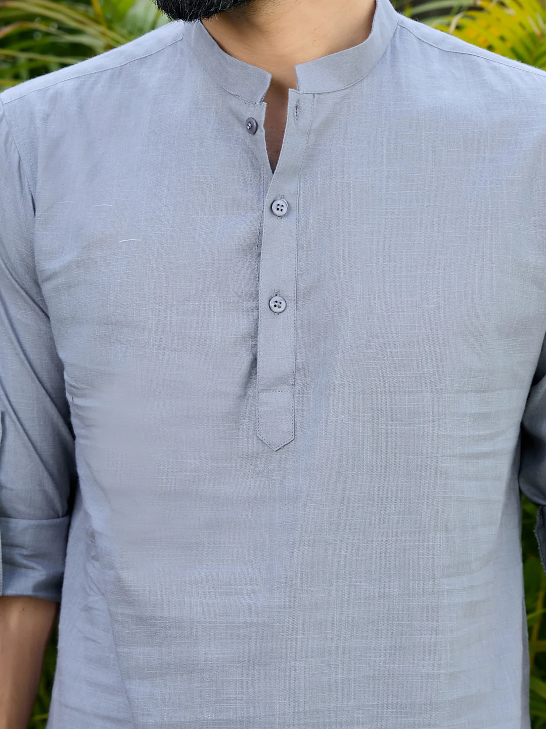 Men Grey Pure Cotton Slub Short Kurta - Image 2