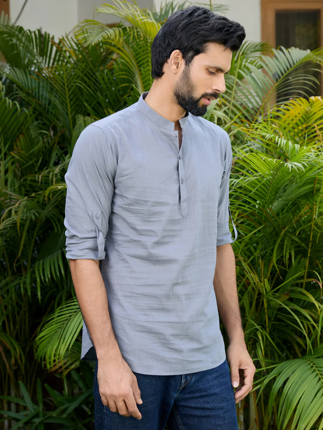 Men Grey Pure Cotton Slub Short Kurta - Image 3