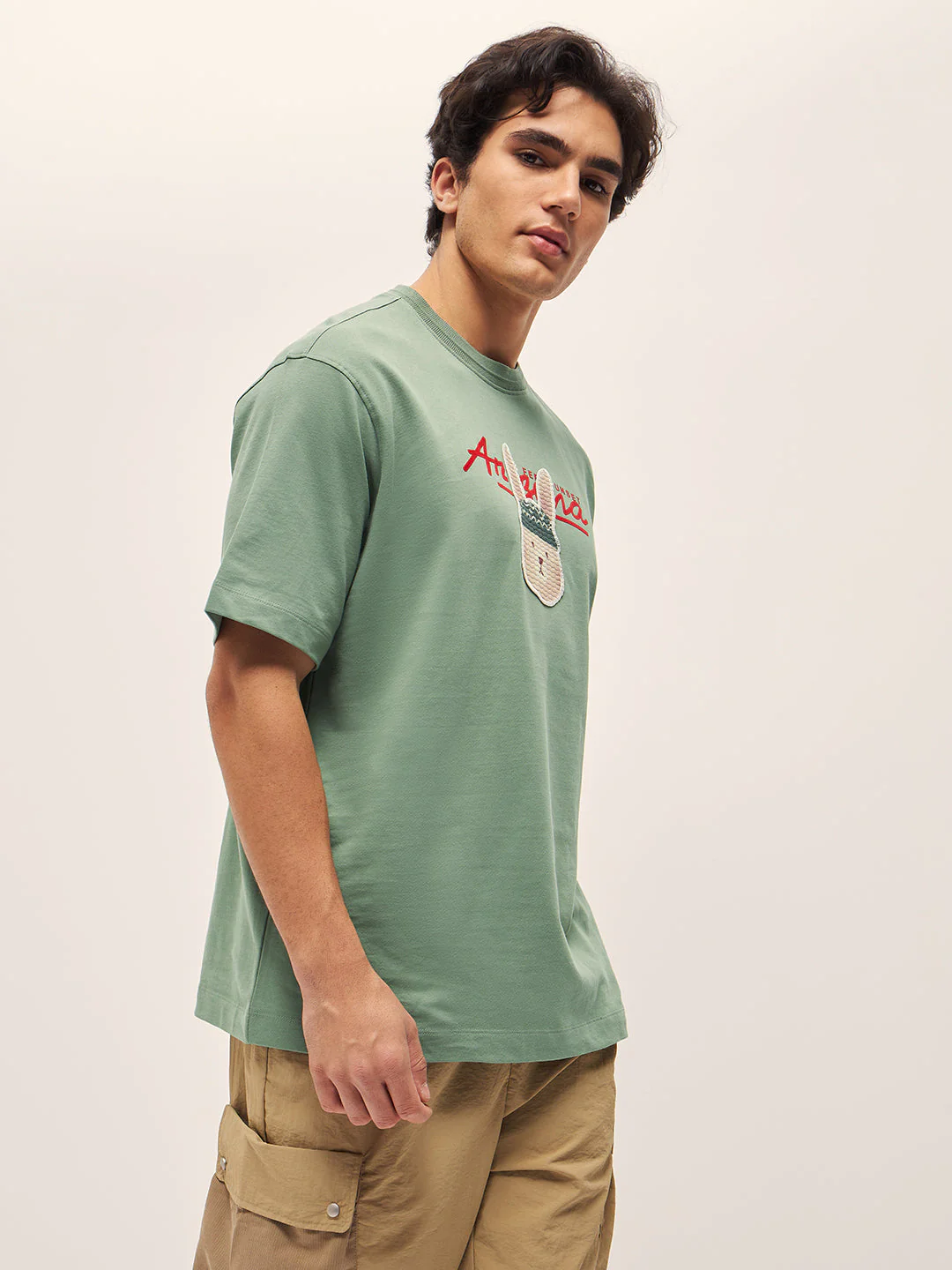 Men Green 3D graphic Design Crew Neck Oversize T-Shirt - Image 3
