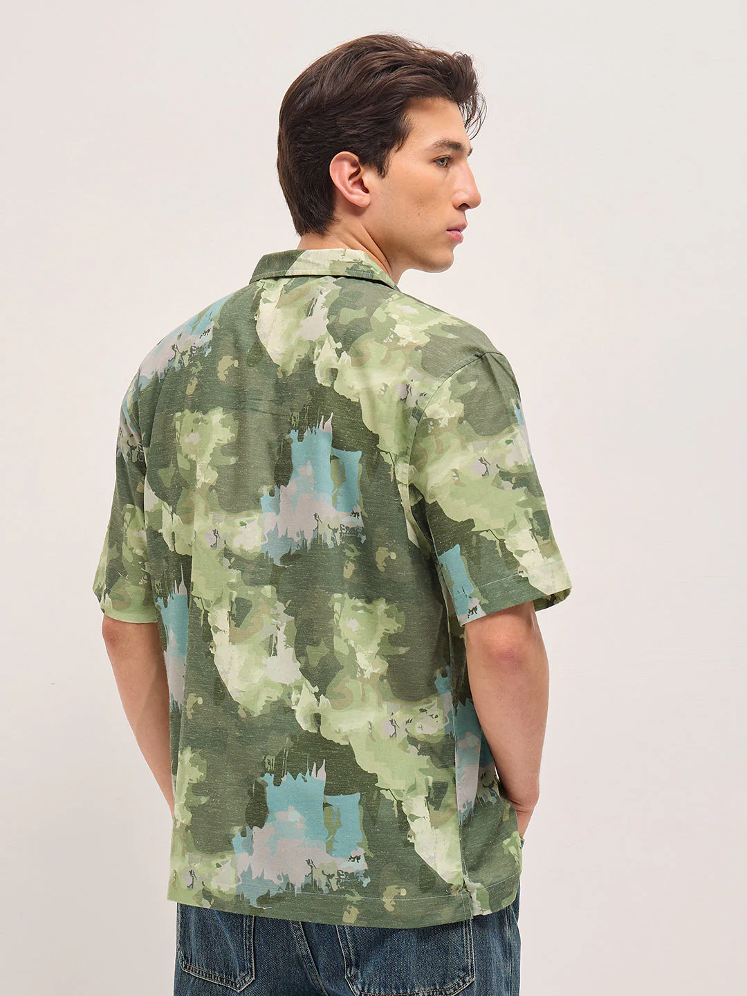Men Green Abstract Camouflage Print Oversized Fit Half Sleeve Shirt - Image 2