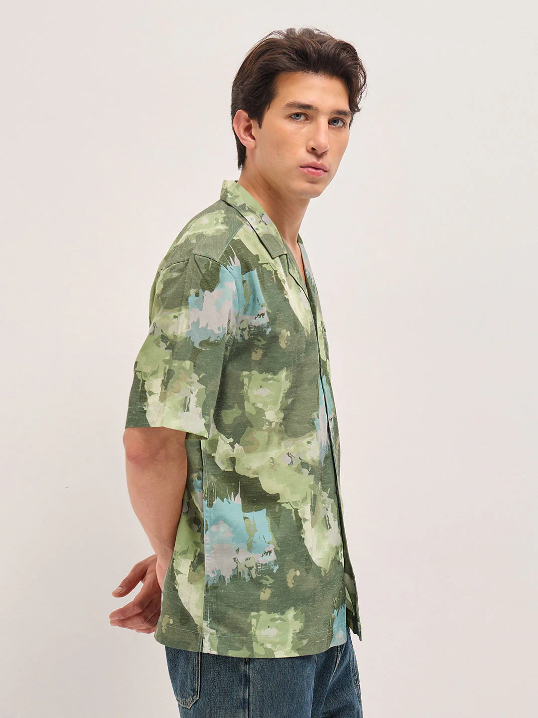 Men Green Abstract Camouflage Print Oversized Fit Half Sleeve Shirt - Image 3
