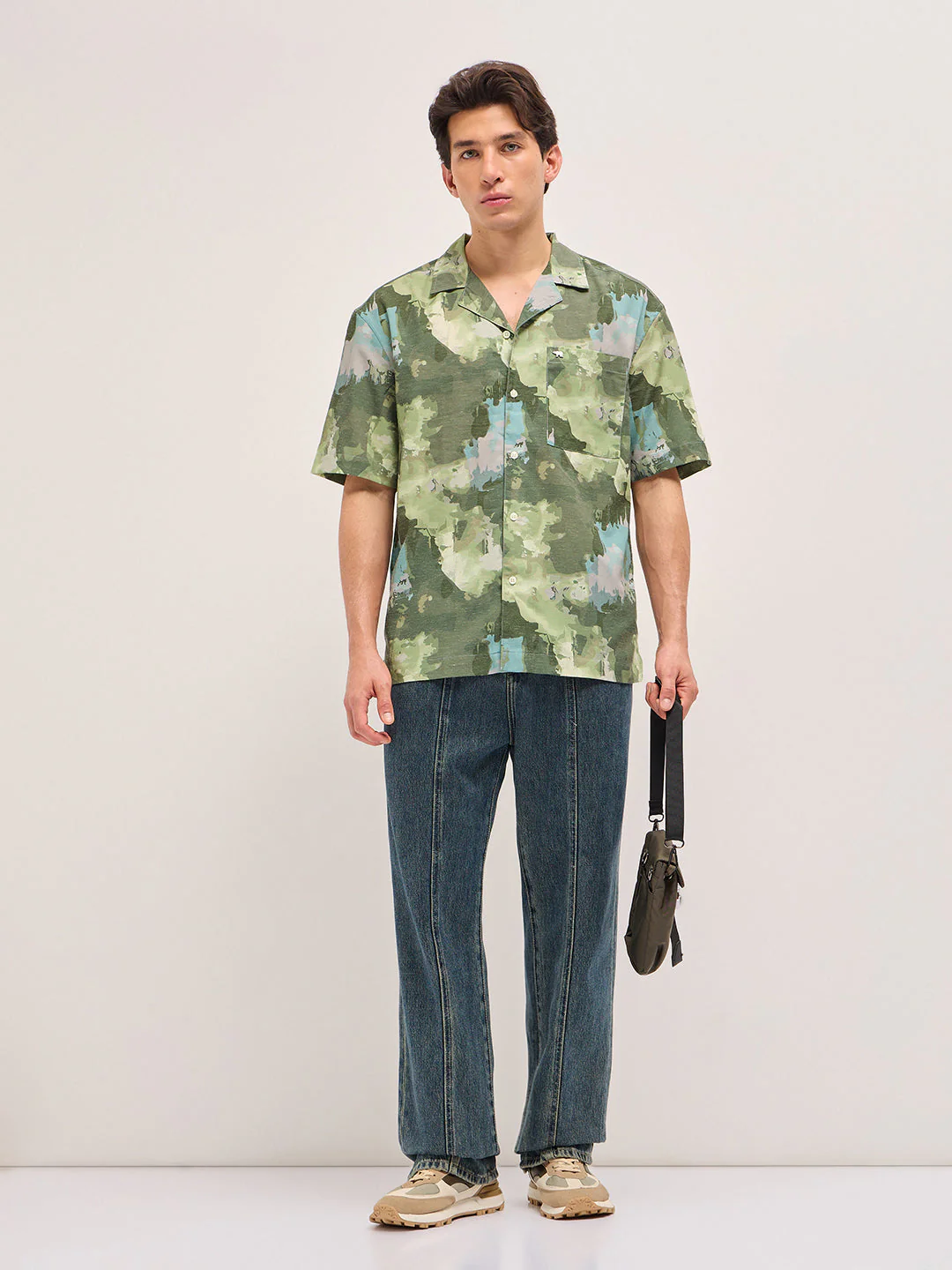 Men Green Abstract Camouflage Print Oversized Fit Half Sleeve Shirt - Image 4