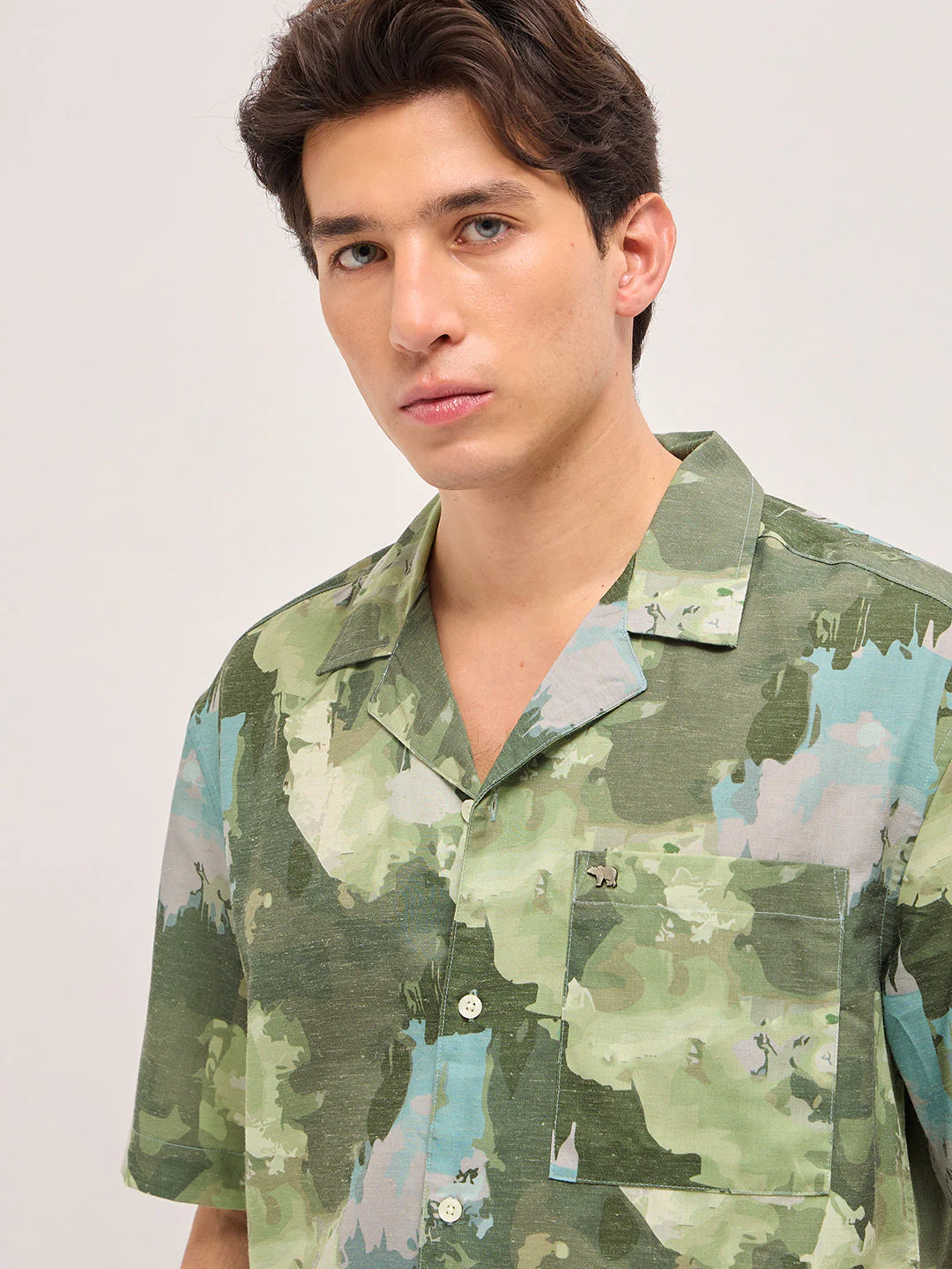 Men Green Abstract Camouflage Print Oversized Fit Half Sleeve Shirt - Image 5