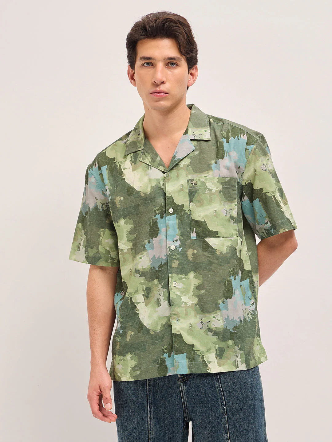 Men Green Abstract Camouflage Print Oversized Fit Half Sleeve Shirt - Image 6