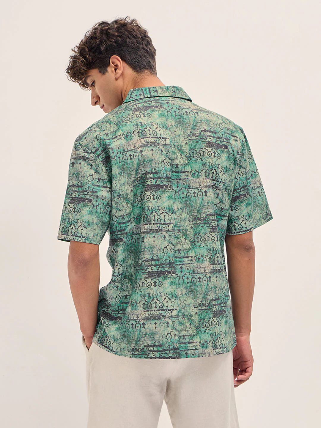 Men Green Abstract Tribal Print Oversized Fit Half Sleeve Shirt - Image 2