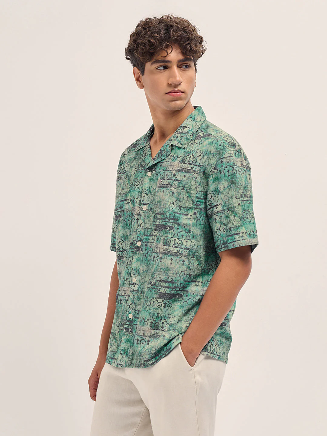 Men Green Abstract Tribal Print Oversized Fit Half Sleeve Shirt - Image 3