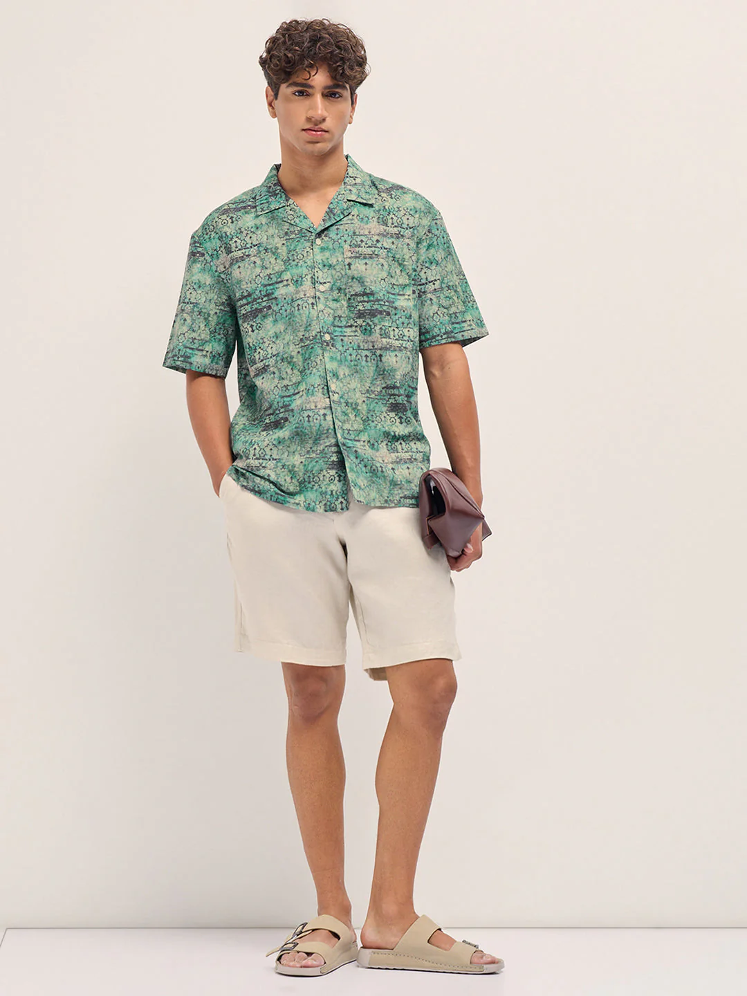 Men Green Abstract Tribal Print Oversized Fit Half Sleeve Shirt - Image 4