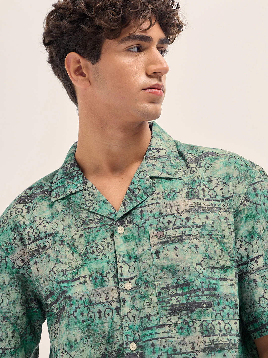 Men Green Abstract Tribal Print Oversized Fit Half Sleeve Shirt - Image 5