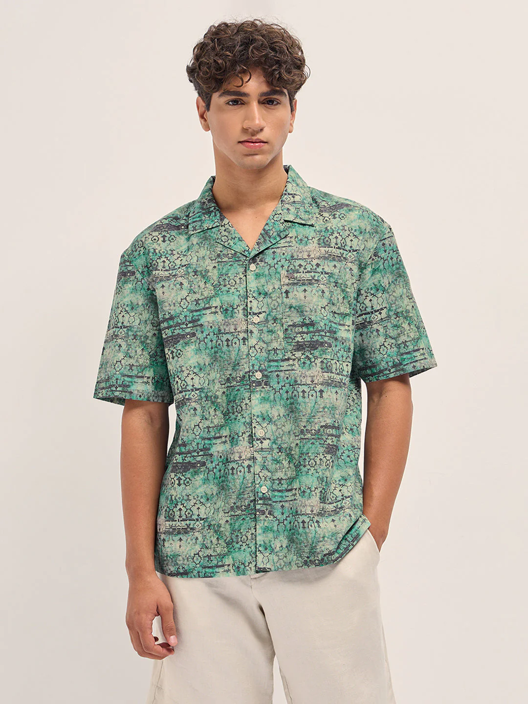Men Green Abstract Tribal Print Oversized Fit Half Sleeve Shirt - Image 6