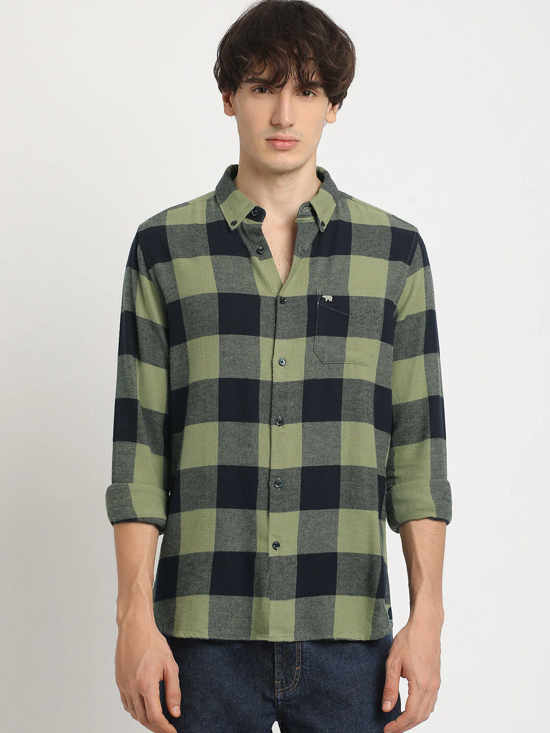 Men  Green and Black Checked Slim Fit Cotton Casual Shirt - Image 2