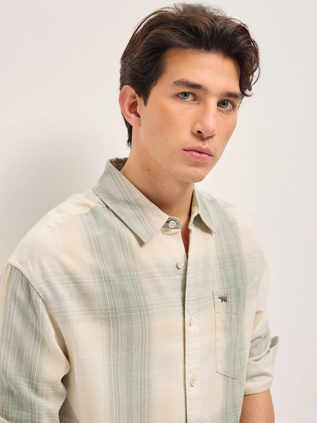 Men Green and Cream Checkered Relaxed Fit Casual Shirt - Image 5