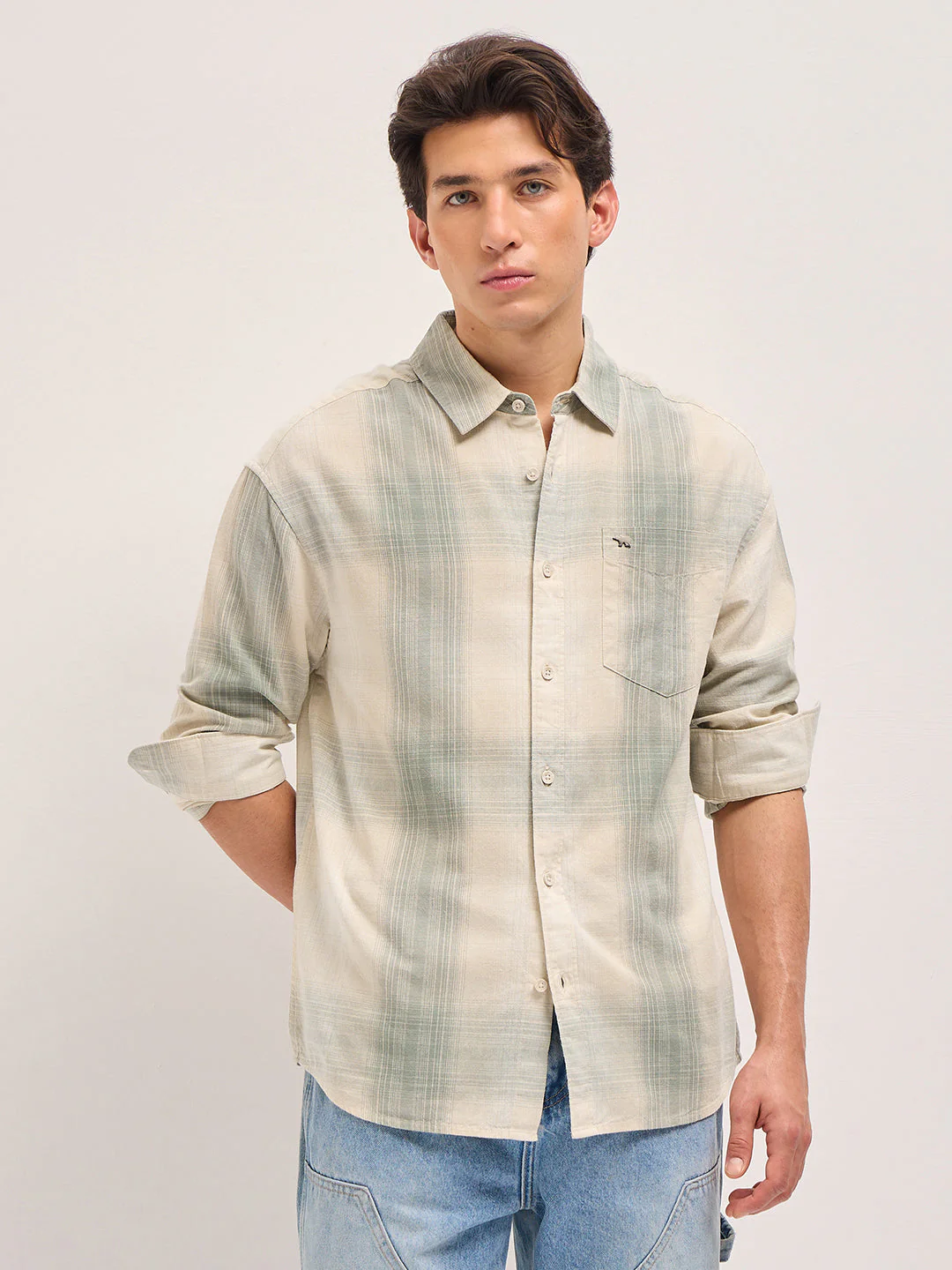 Men Green and Cream Checkered Relaxed Fit Casual Shirt - Image 6