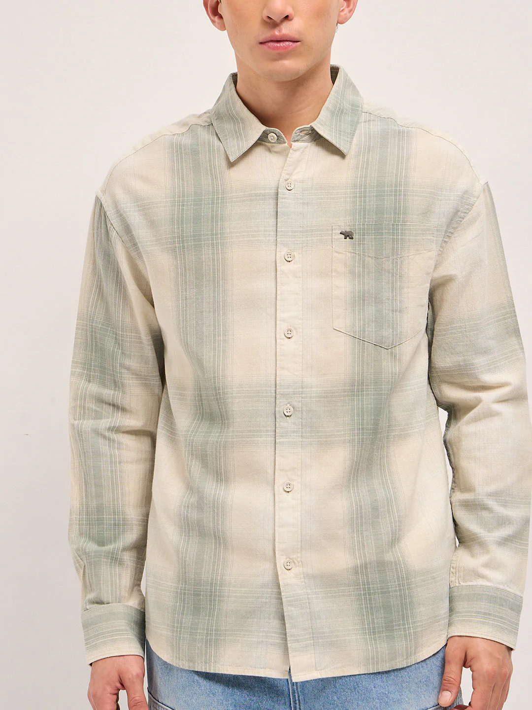 Men Green and Cream Checkered Relaxed Fit Casual Shirt - Image 7