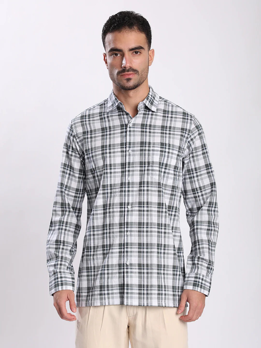 Men Green and White Checked Single Pocket Shirt - Image 2