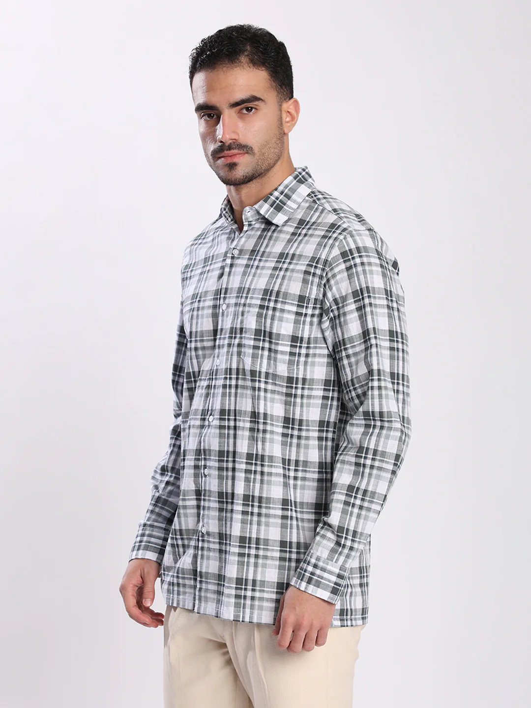 Men Green and White Checked Single Pocket Shirt - Image 3