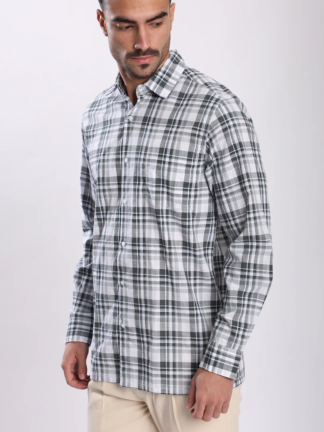 Men Green and White Checked Single Pocket Shirt - Image 4