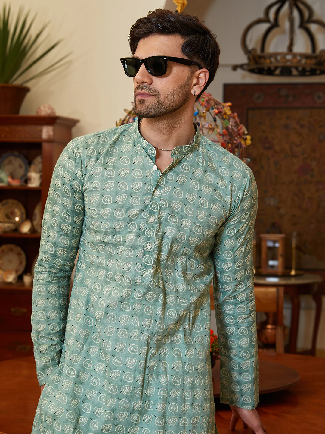 Men Green Cotton Leaf Print Straight Kurta - Image 2