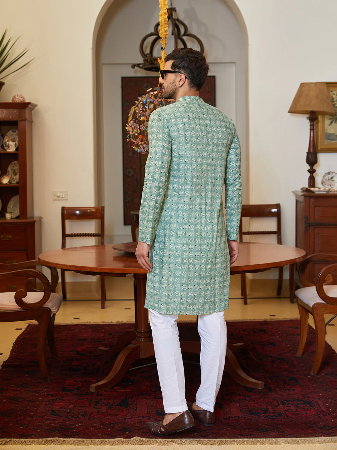 Men Green Cotton Leaf Print Straight Kurta - Image 3