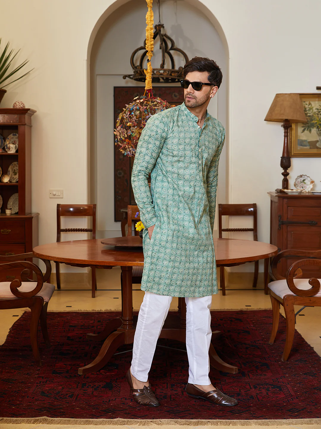 Men Green Cotton Leaf Print Straight Kurta - Image 4