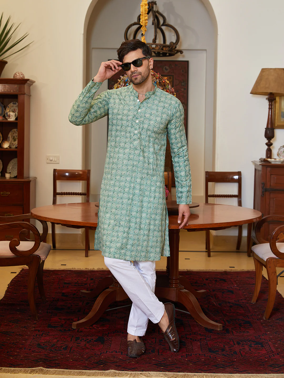 Men Green Cotton Leaf Print Straight Kurta - Image 5
