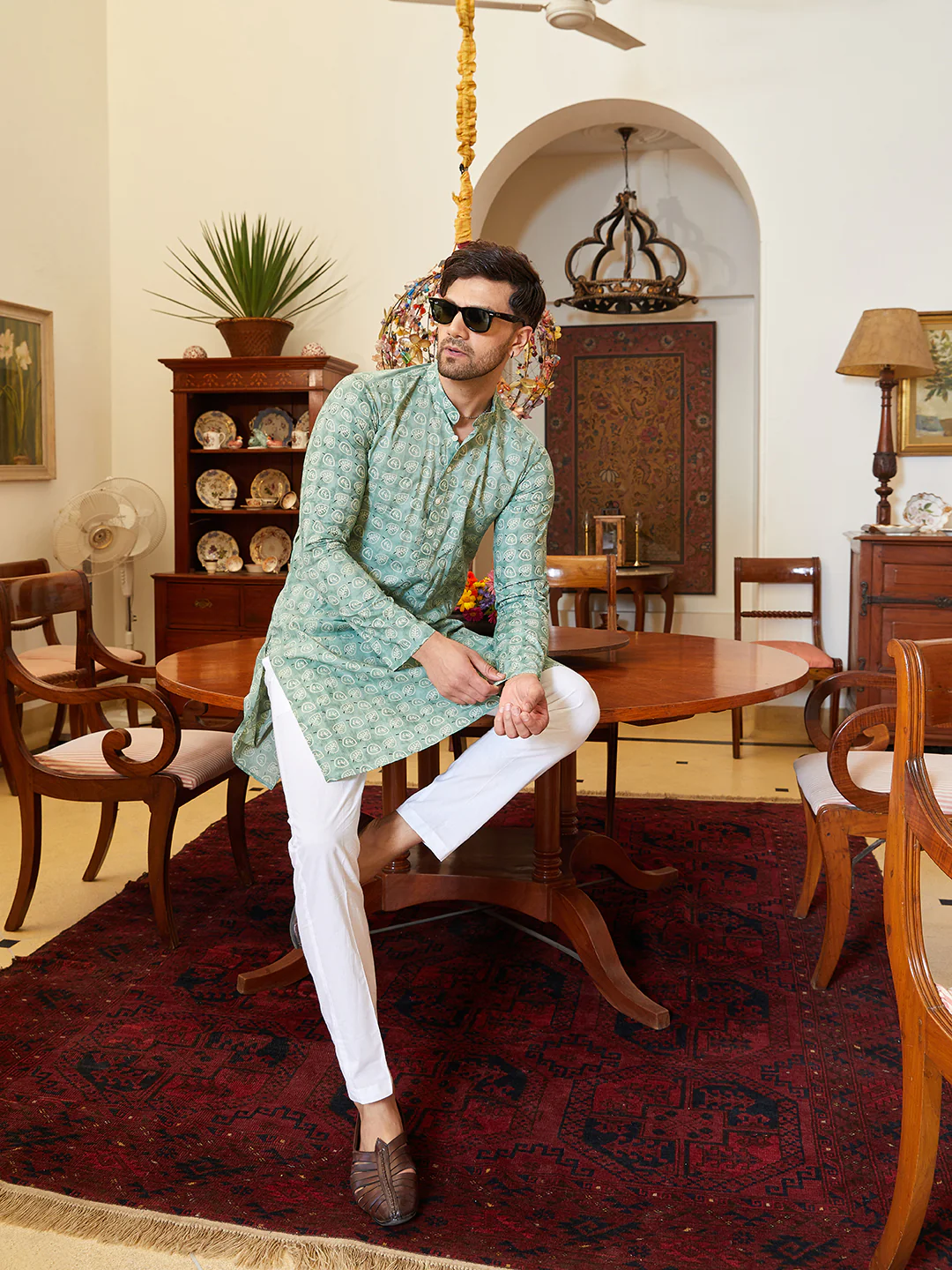 Men Green Cotton Leaf Print Straight Kurta - Image 6