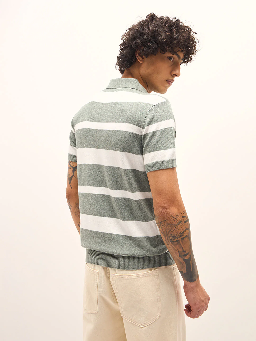 Men Green and White Horizontal Stripes Slim Fit Polo - Image 2