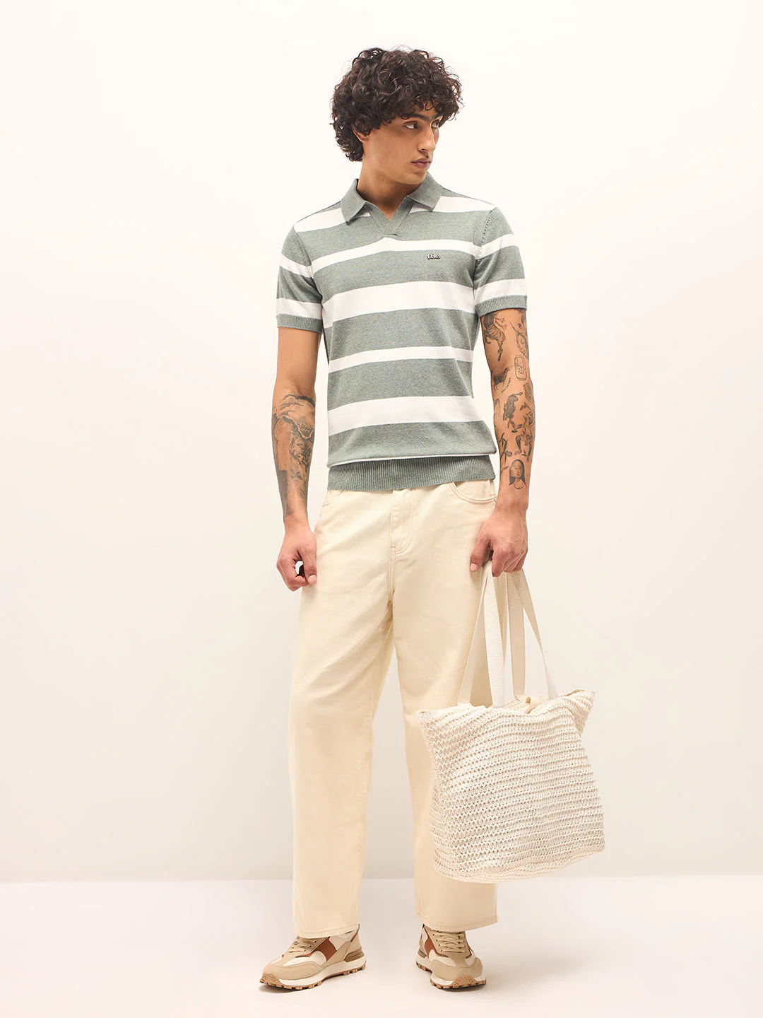 Men Green and White Horizontal Stripes Slim Fit Polo - Image 4