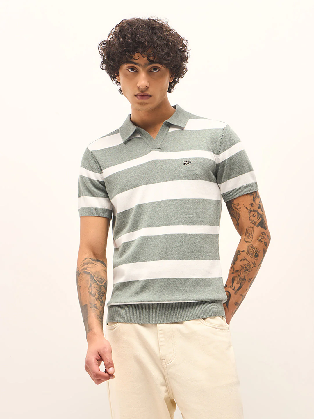 Men Green and White Horizontal Stripes Slim Fit Polo - Image 6