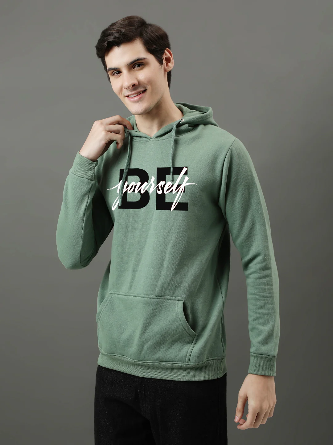 Men Green Be Yourself Printed Hoodie - Image 3