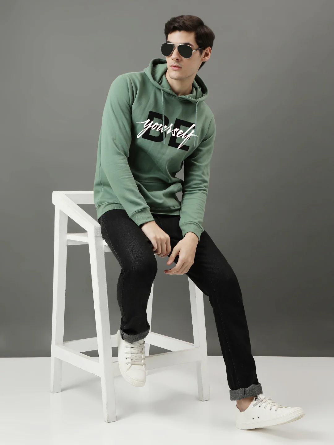 Men Green Be Yourself Printed Hoodie - Image 5