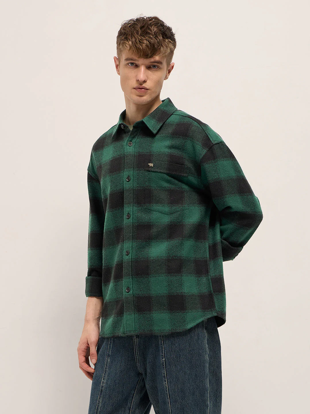 Men Green & Black Tartan Checked Relaxed Fit Flannel Overshirt - Image 3