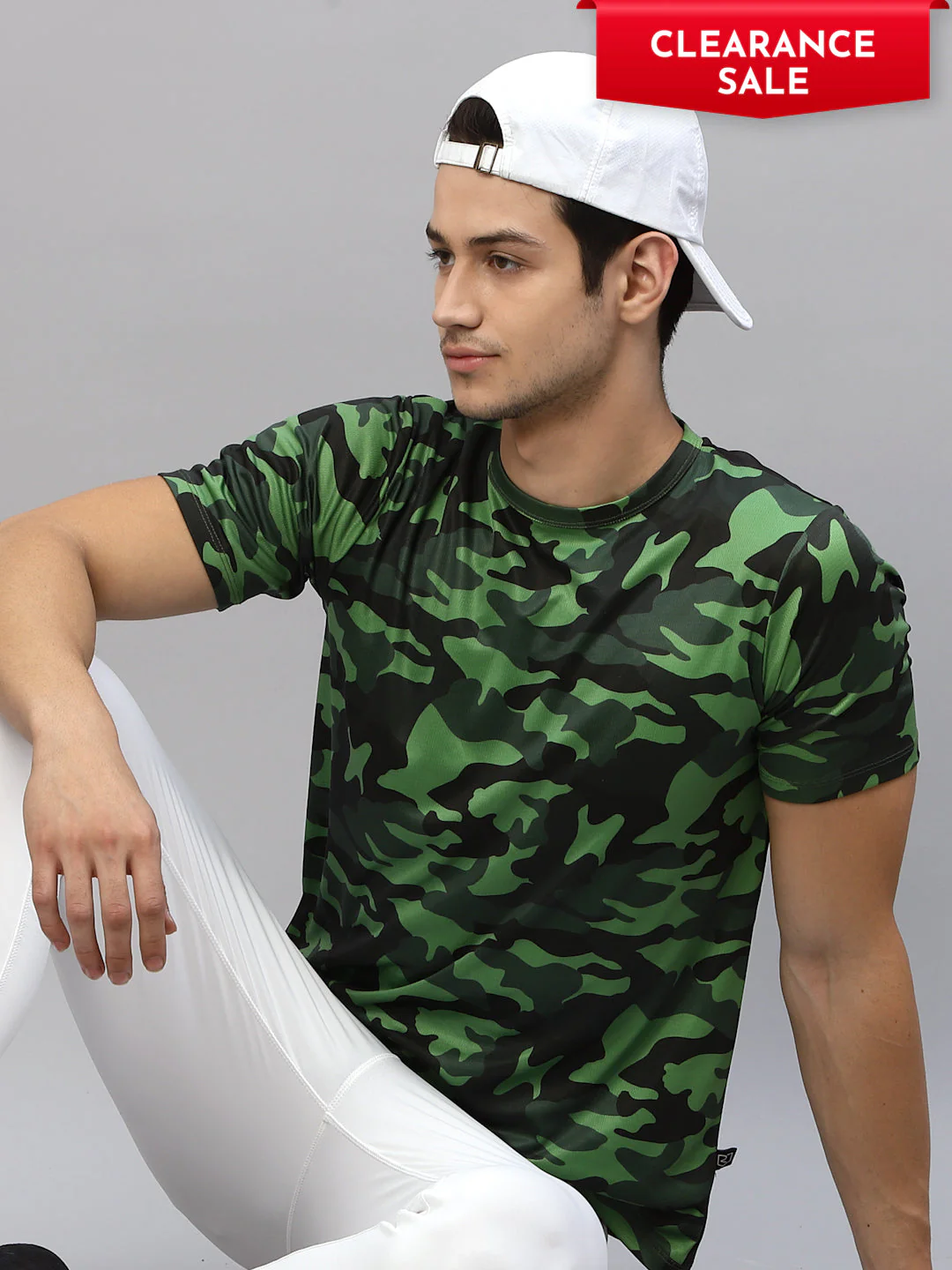 Men Green Camouflage Print Round Neck Half Sleeve Activewear TShirt - Image 3