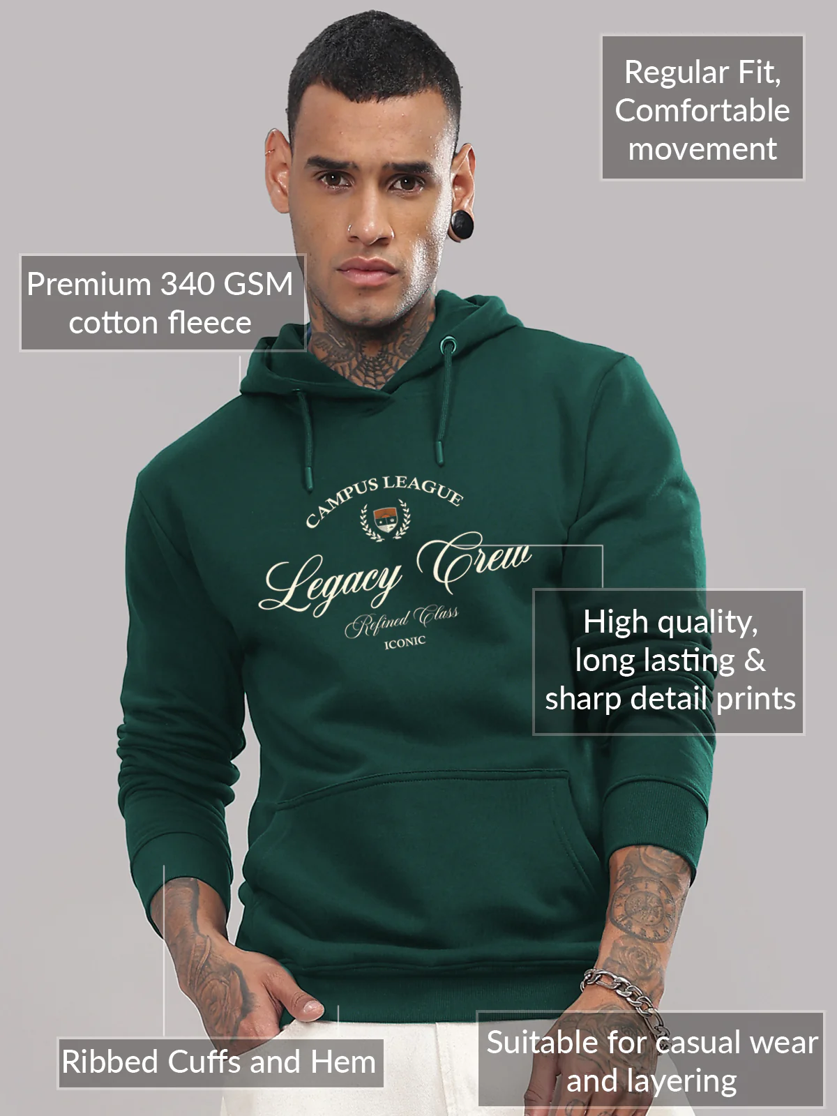 Men Green Printed Hoodie - Image 3