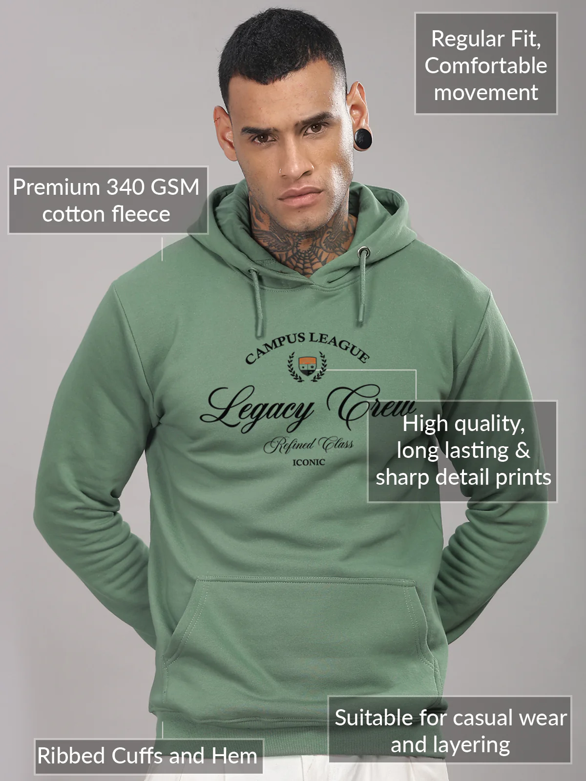 Men Green Printed Hoodie - Image 3