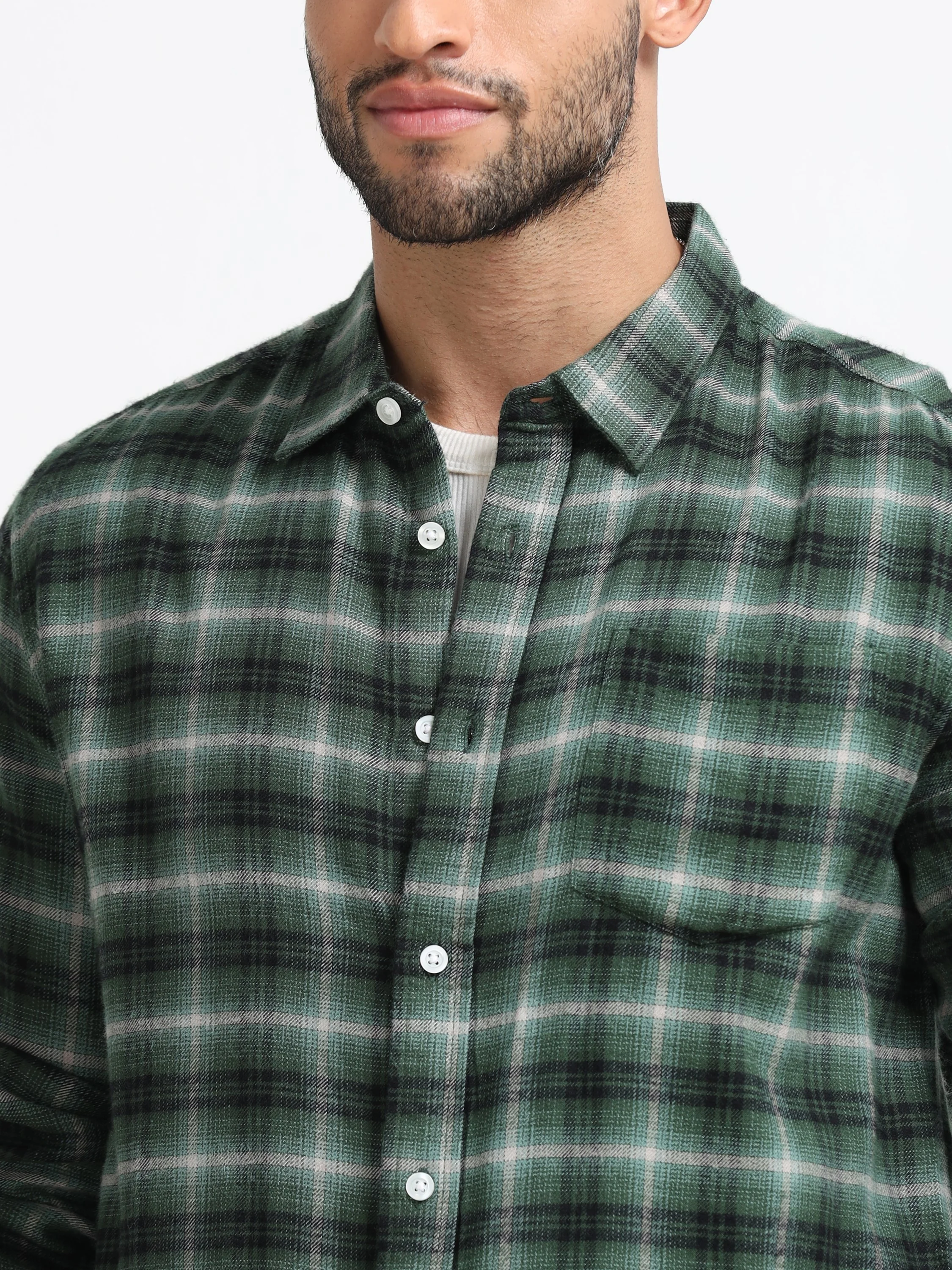 Men Green Check  Shirt - Image 5