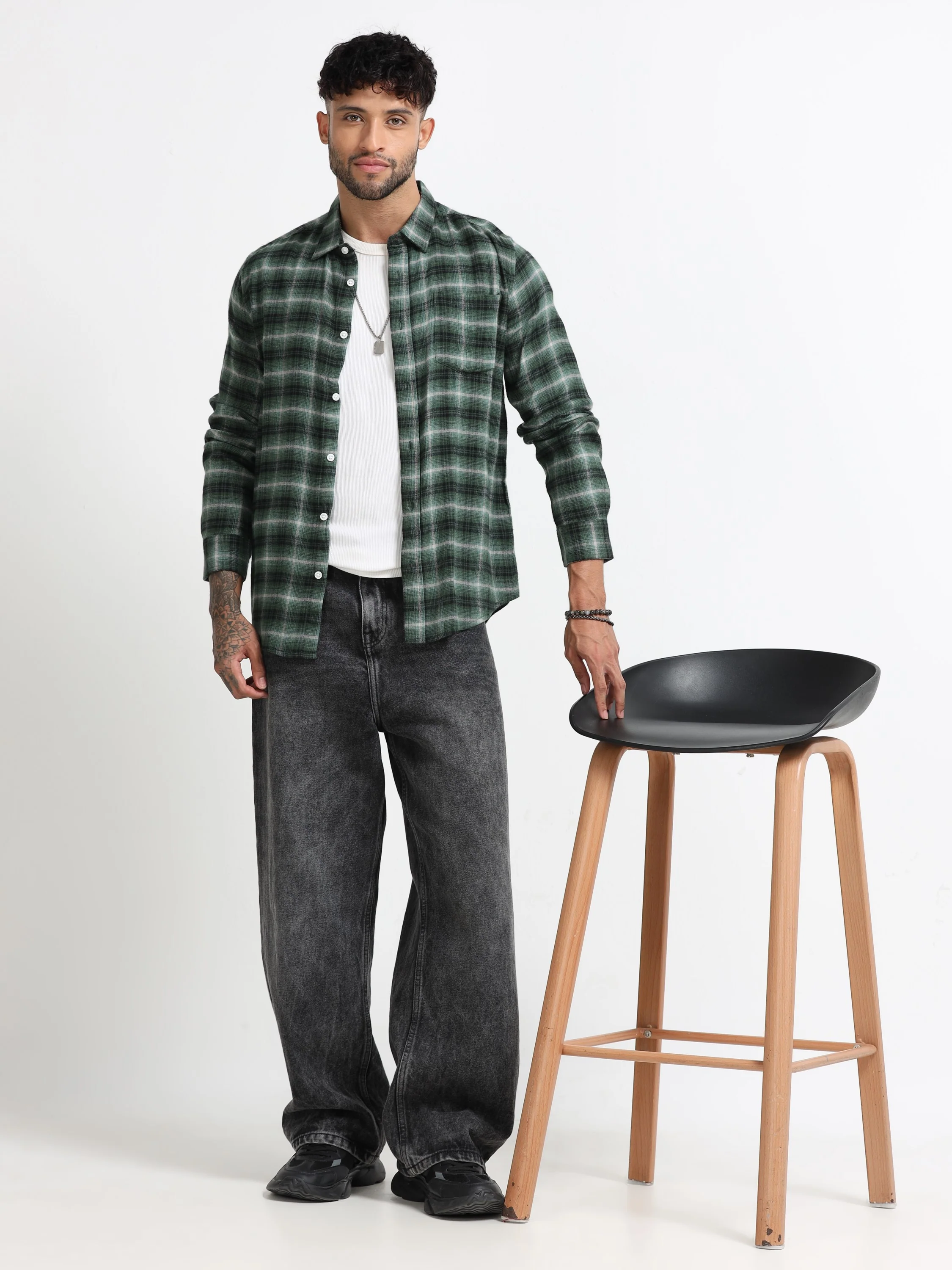 Men Green Check  Shirt - Image 6