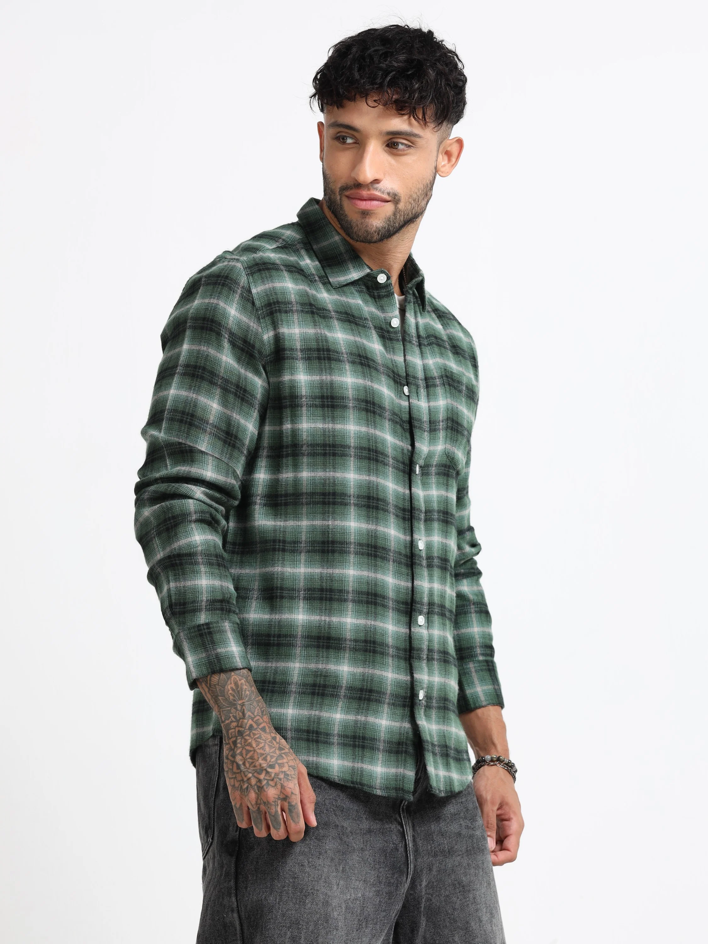 Men Green Check  Shirt - Image 7