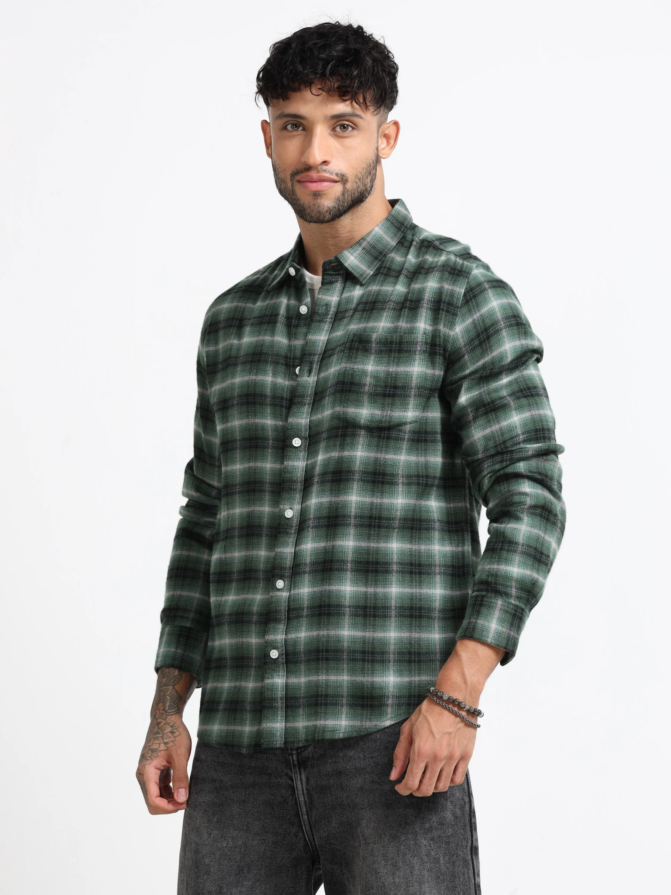Men Green Check  Shirt - Image 8