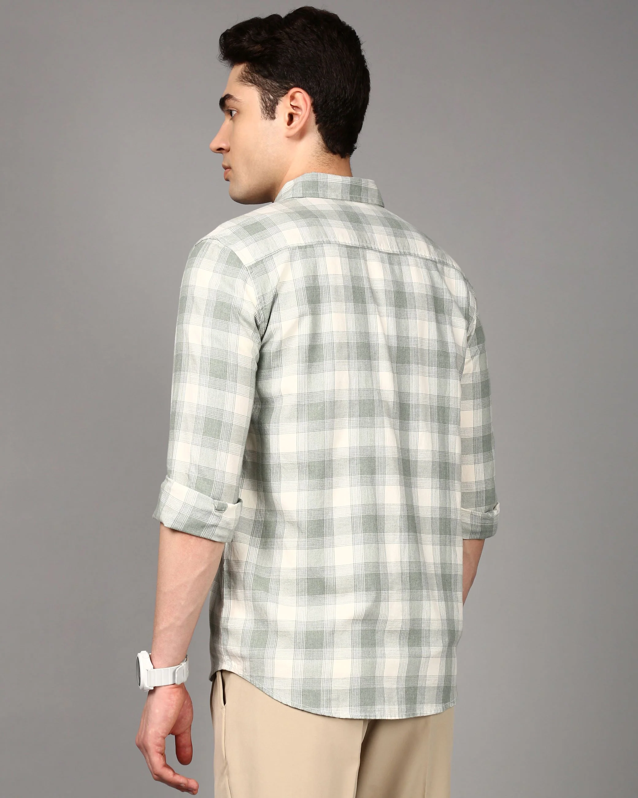 Men Green Checked Cotton Shirt - Image 2