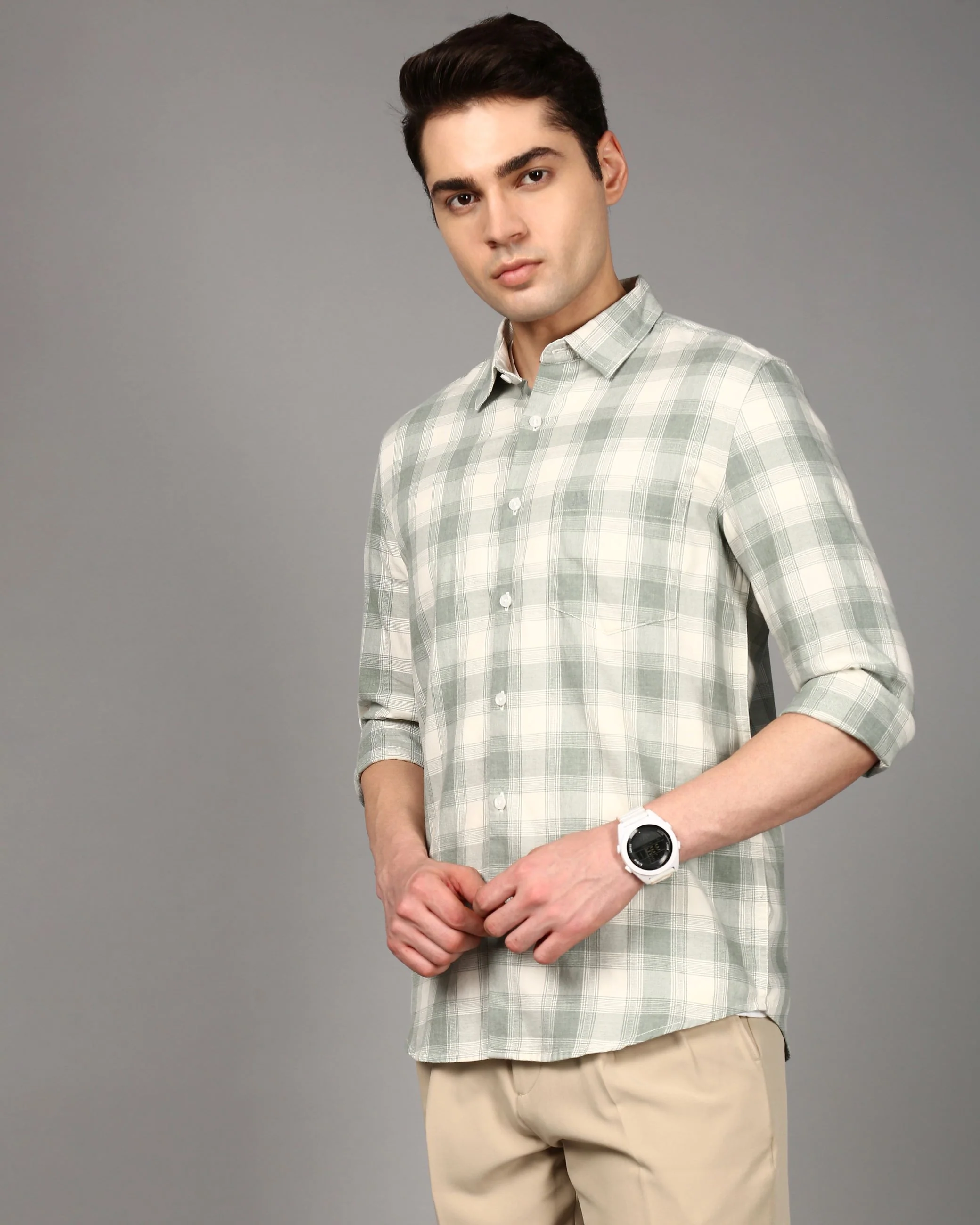 Men Green Checked Cotton Shirt - Image 5