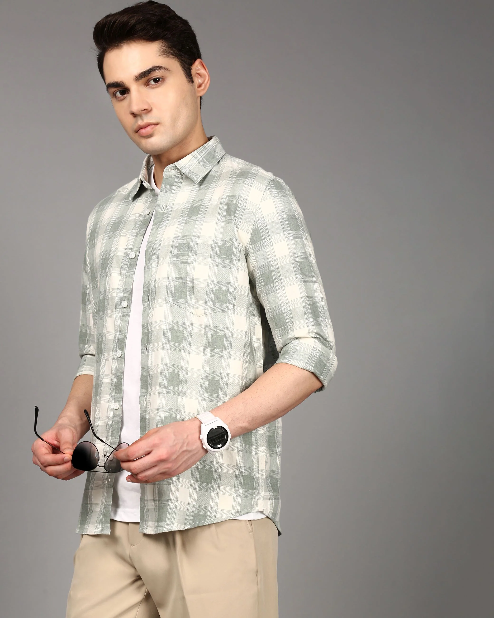 Men Green Checked Cotton Shirt - Image 6