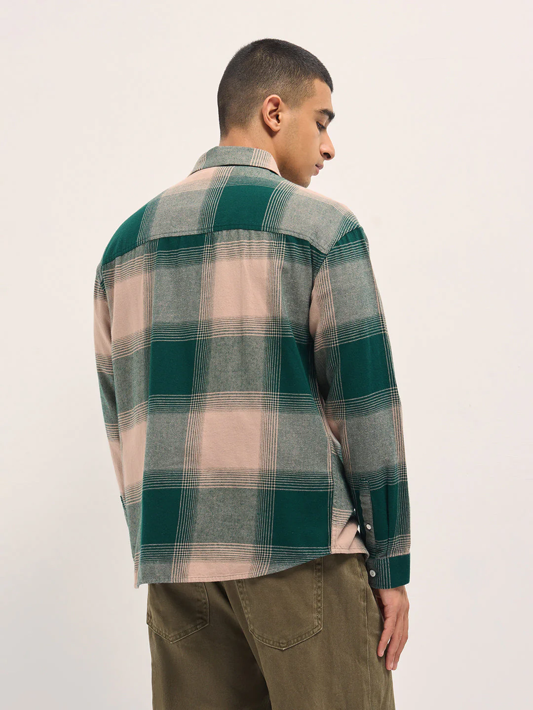 Men Green Checked Flannel Cotton Relaxed Fit Overshirt - Image 2