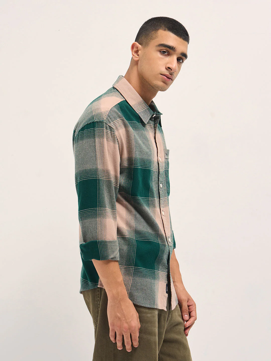 Men Green Checked Flannel Cotton Relaxed Fit Overshirt - Image 3