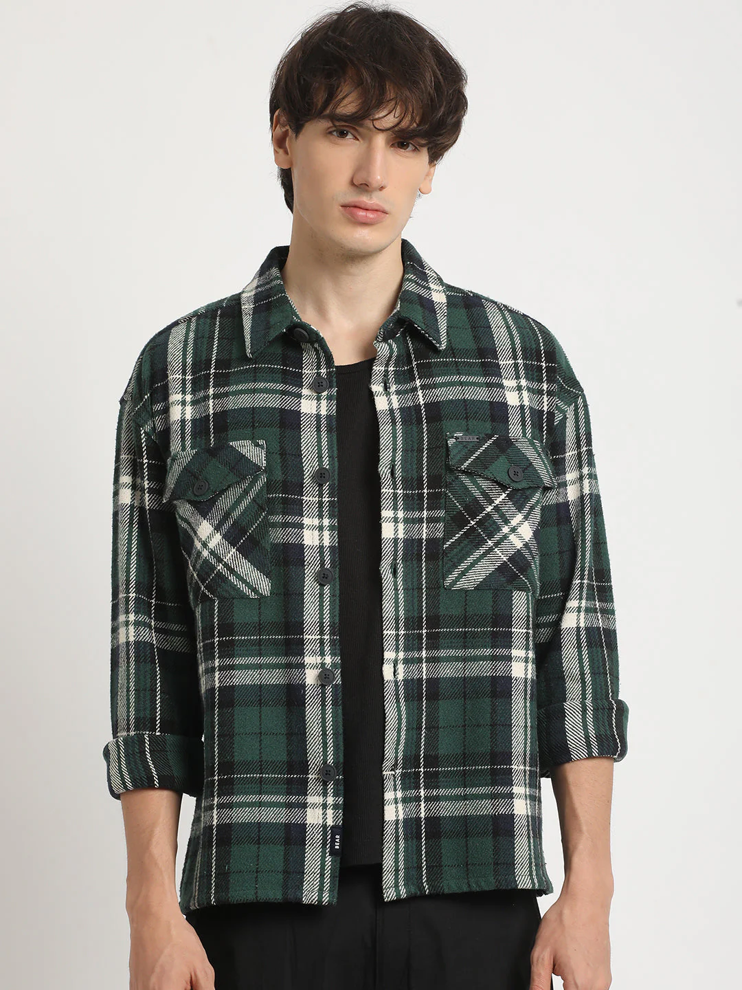 Men Green Checked Relax Fit Cotton Shacket - Image 2